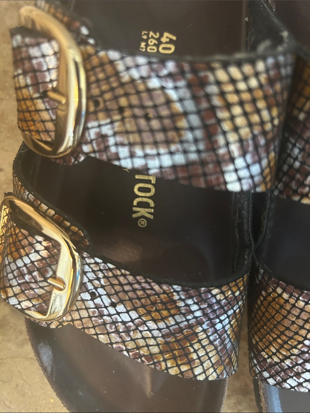 Birkenstock Arizona Snake-Print Sandals in Brown and Gold - Picture 5 of 10